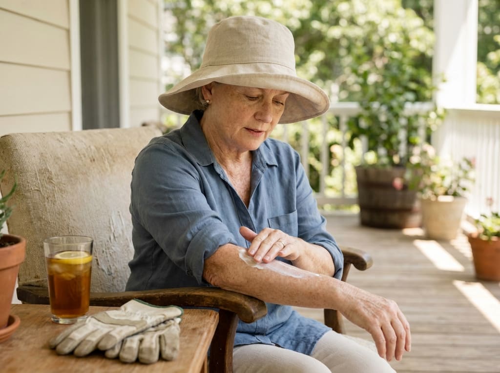 Mature woman in a wide-brimmed hat applying sunscreen to her forearm on a sunny porch