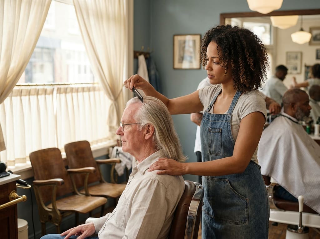 Barber gently checking the scalp of a silver-haired client in a warm vintage barbershop