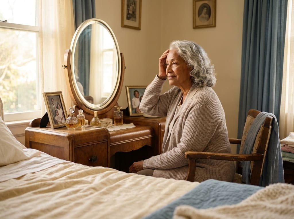Elderly woman touching her scalp thoughtfully in front of a softly lit mirror