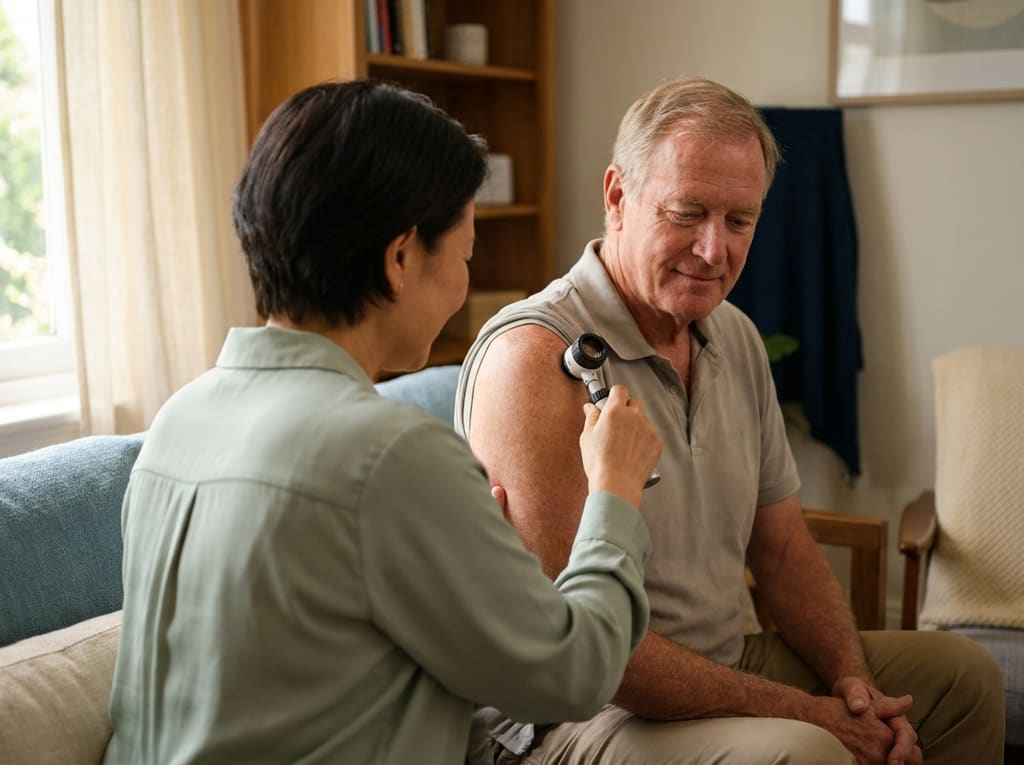 Dermatologist examining the sun-exposed shoulder of a mature patient with a dermatoscope in warm daylight