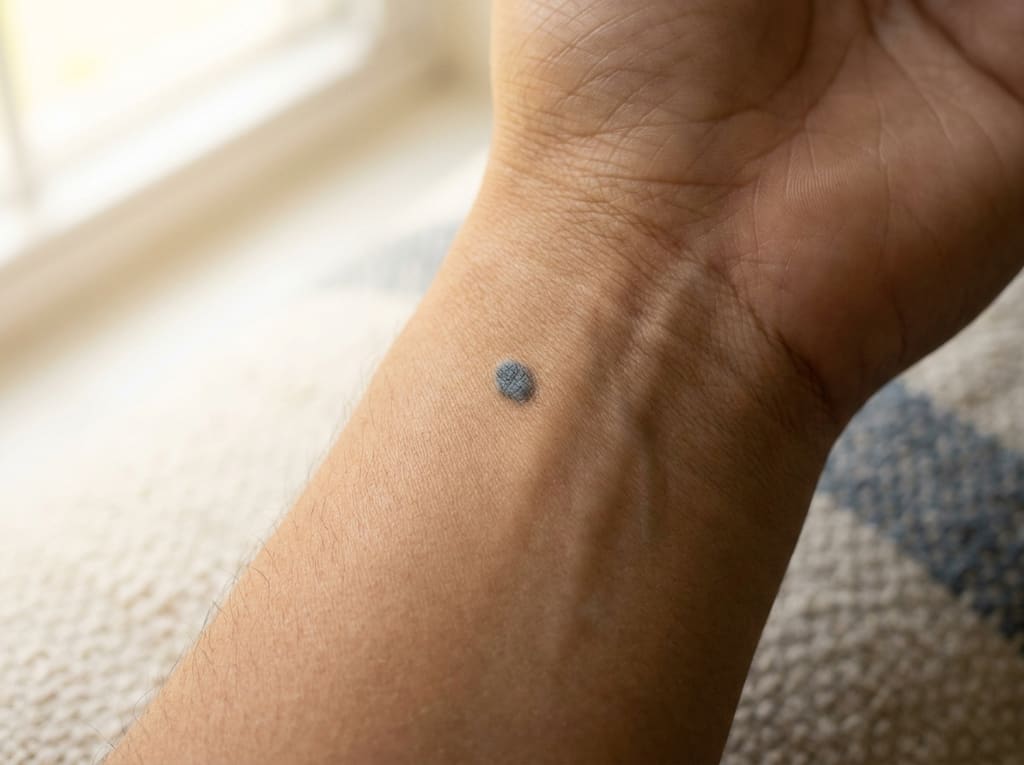 Macro close-up of a small slate-blue mole on skin