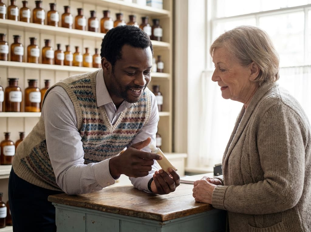 Pharmacist explaining a cream tube to an older customer across a warm wooden counter