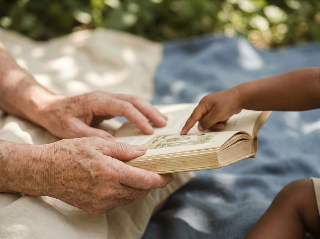Grandfather and grandchild reading outdoors, his weathered hands holding the book in soft light