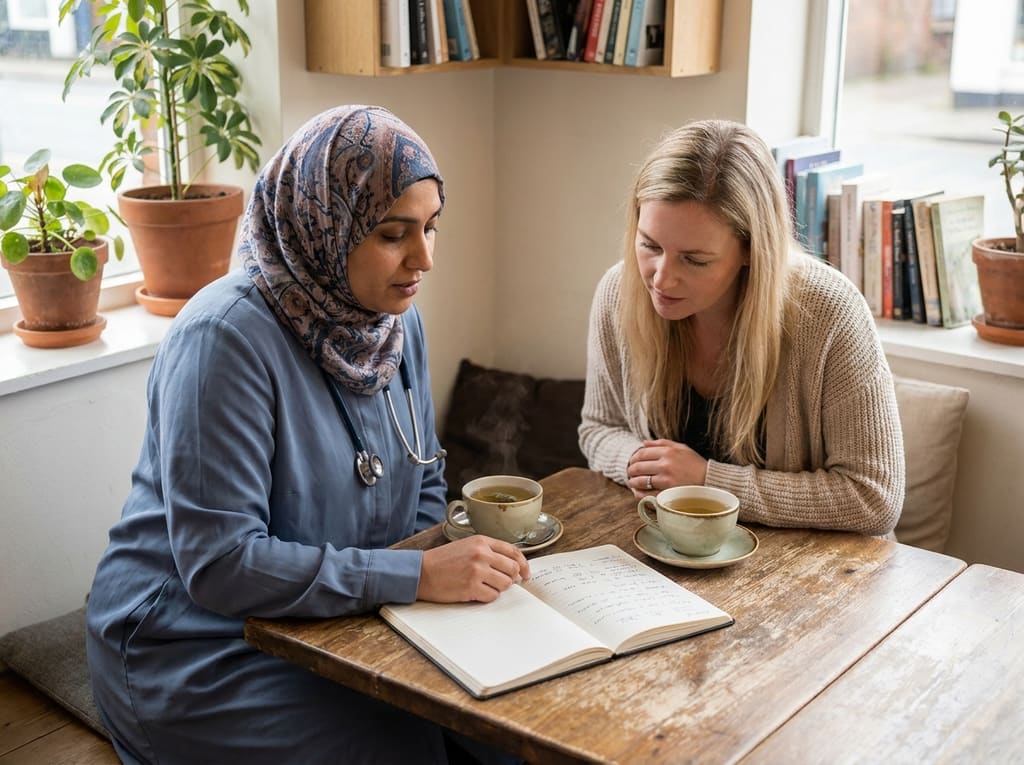 Doctor and patient reviewing notes together in a warm consultation corner with tea