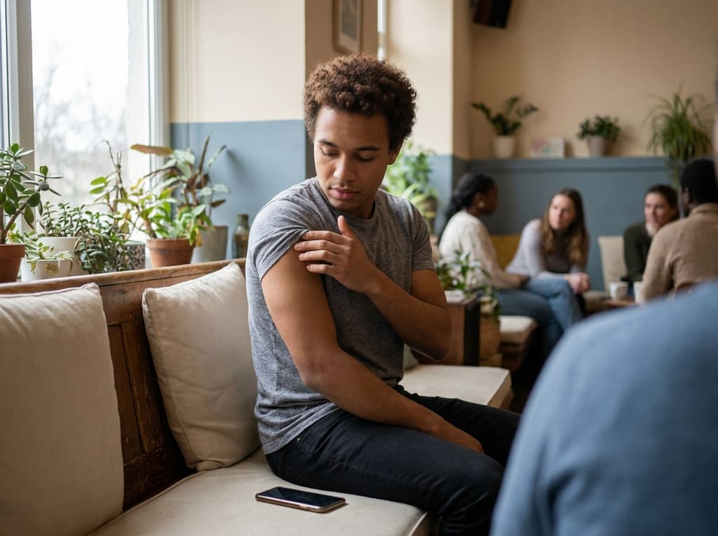 Young man feeling a spot on his upper arm while sitting by a window with his phone