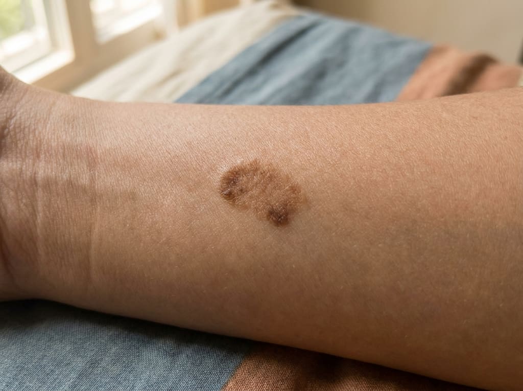 Macro of an atypical mole with mixed colors and fuzzy borders
