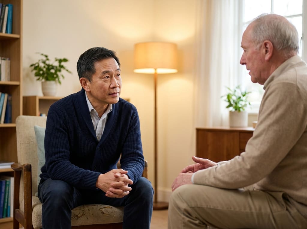 Doctor listening attentively to a patient in a private, warmly lit consultation room