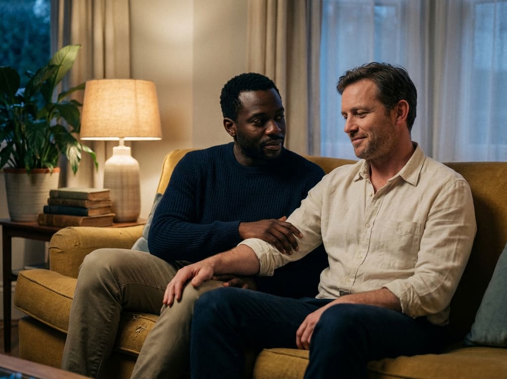Two friends sitting close on a sofa, one resting a supportive hand on the other's arm