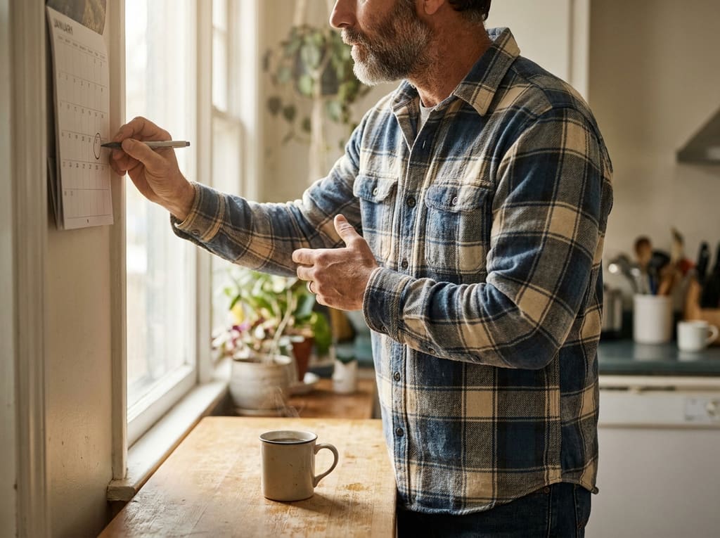Man checking his forearm by the window while marking a calendar on the wall