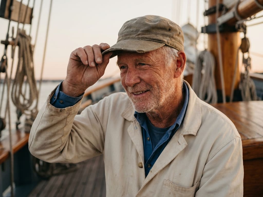 Mature sailor with deep smile lines adjusting his cap on a sunlit deck, face in gentle light