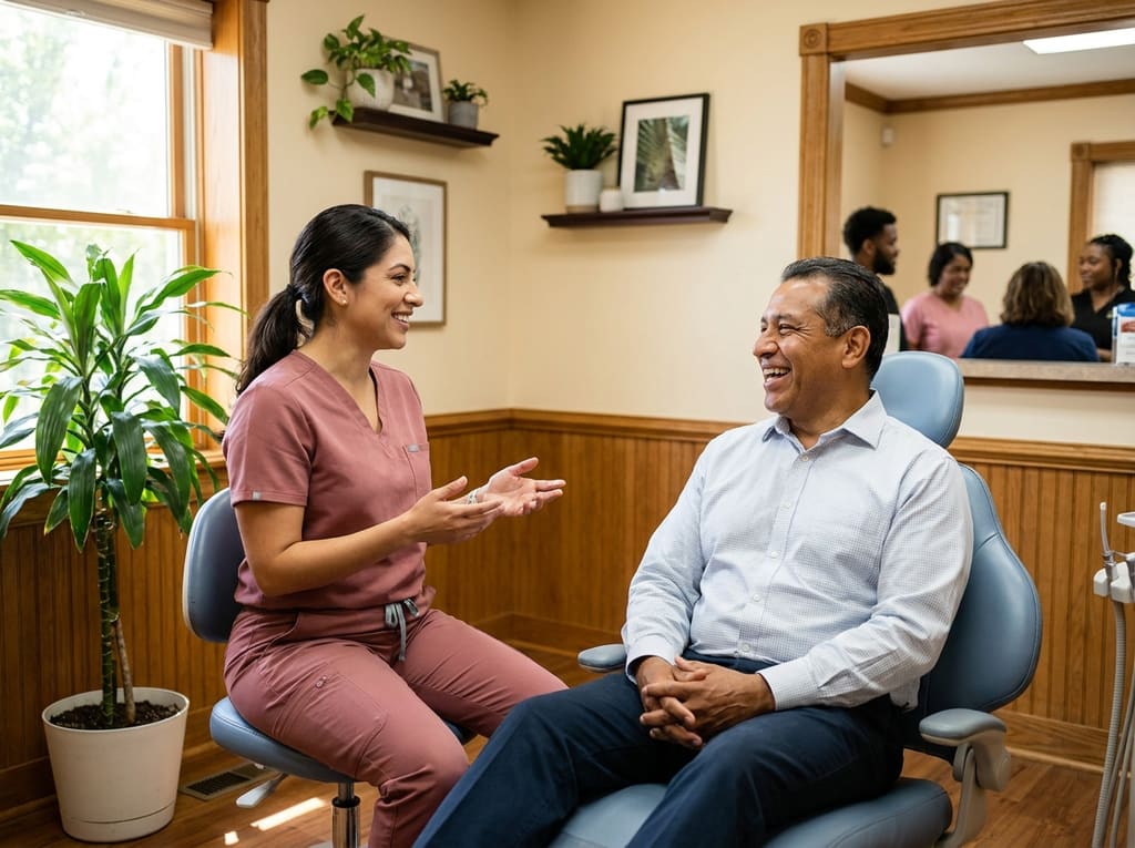 Dentist in a warm modern practice talking with a patient sitting upright in the chair