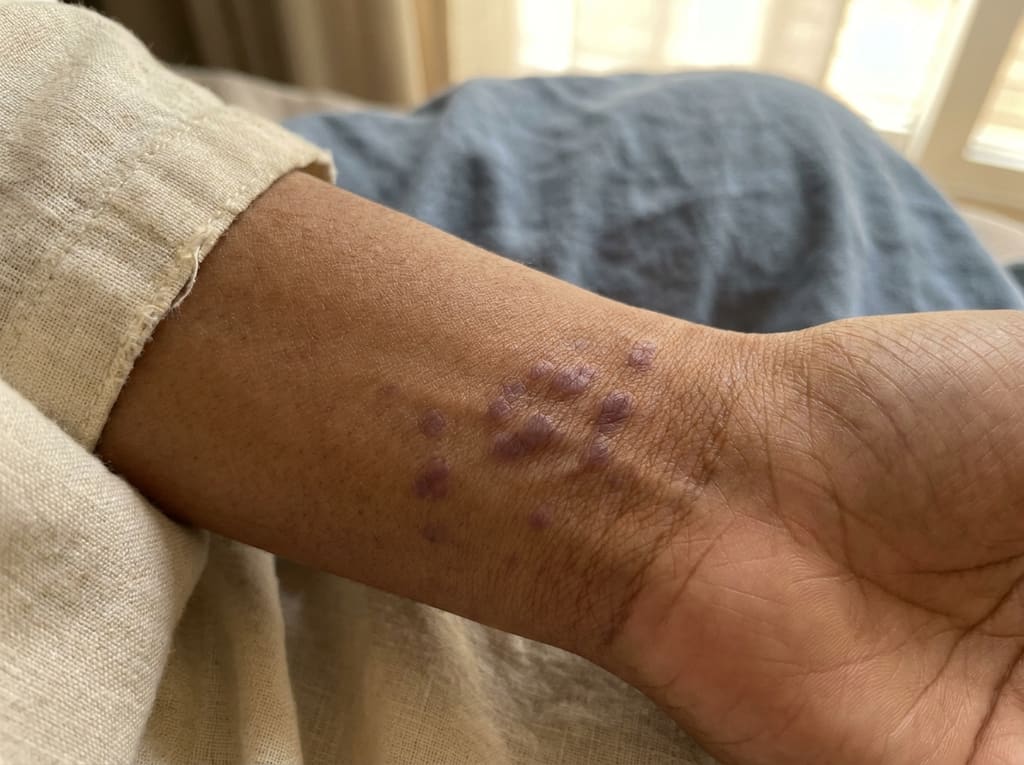 Macro of small flat purplish lichen-planus papules on a wrist