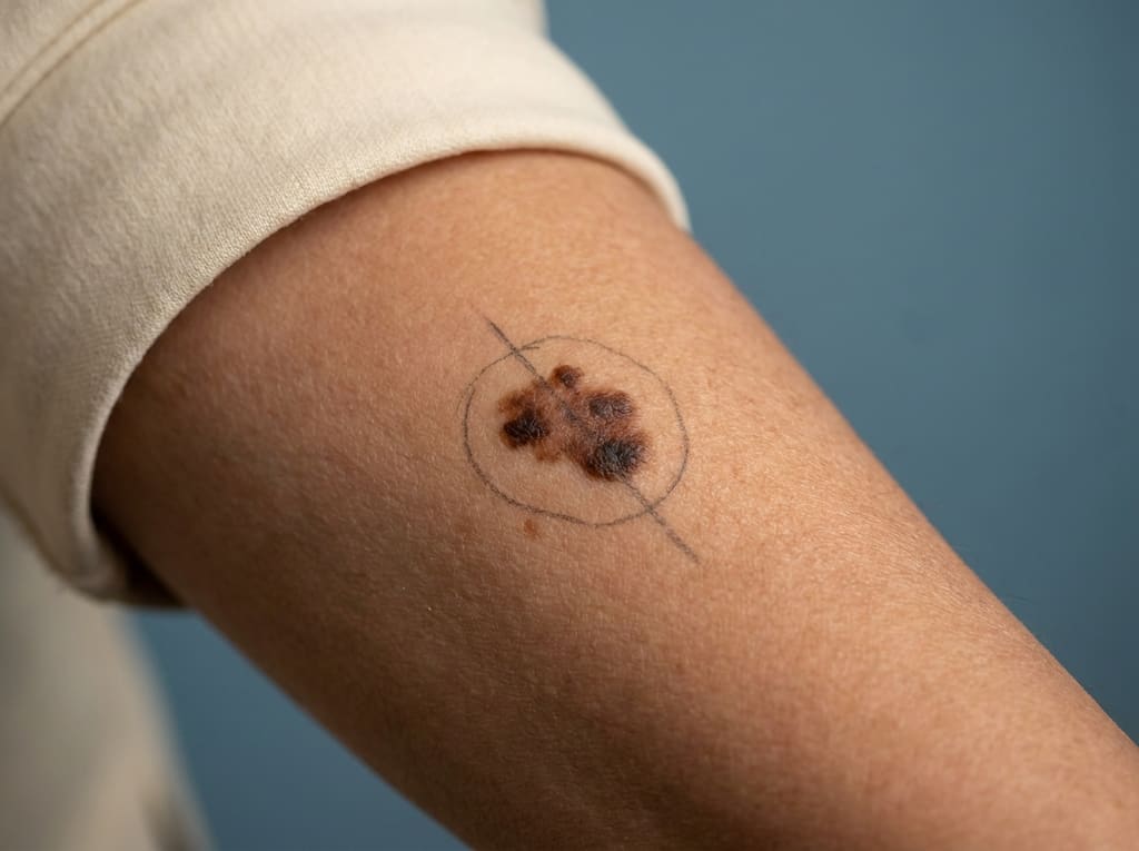 Macro of an irregular asymmetric dark mole with subtle ABCDE pencil annotation