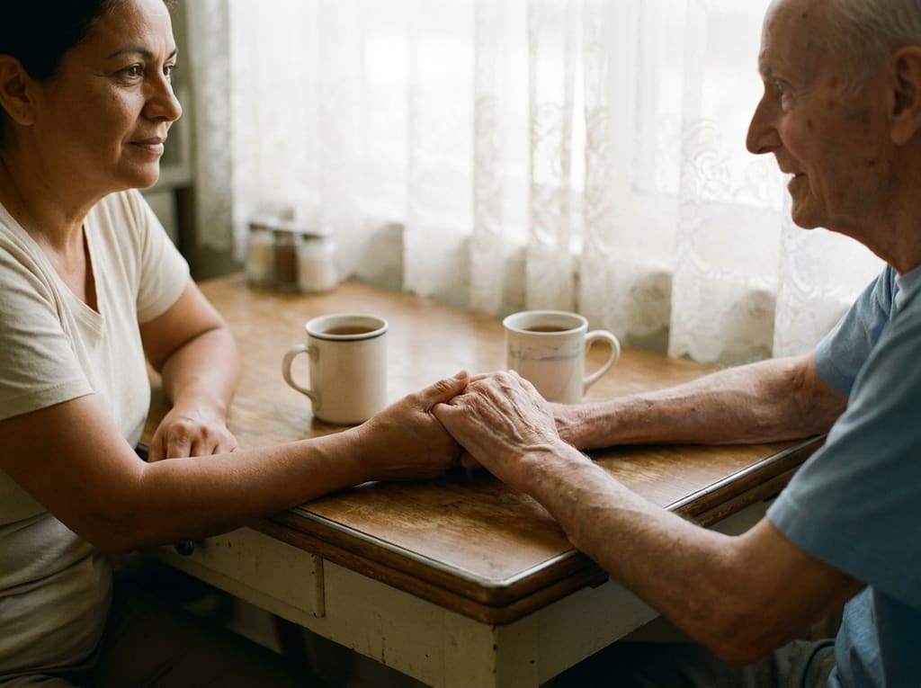 Adult daughter holding her elderly father's hand across a kitchen table, morning tea between them