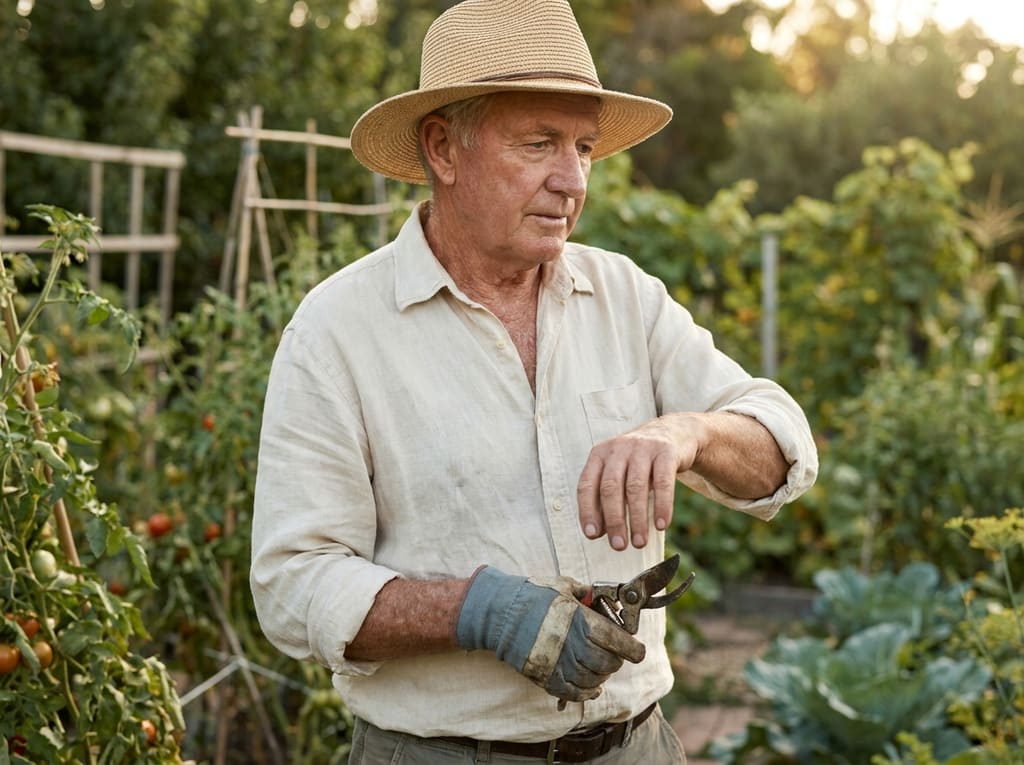 Mature gardener in a straw hat pausing to check the back of his hand in afternoon light
