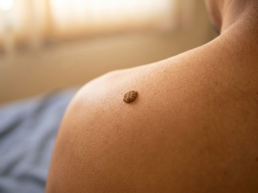Macro close-up of a small tan-brown waxy seborrheic keratosis on skin