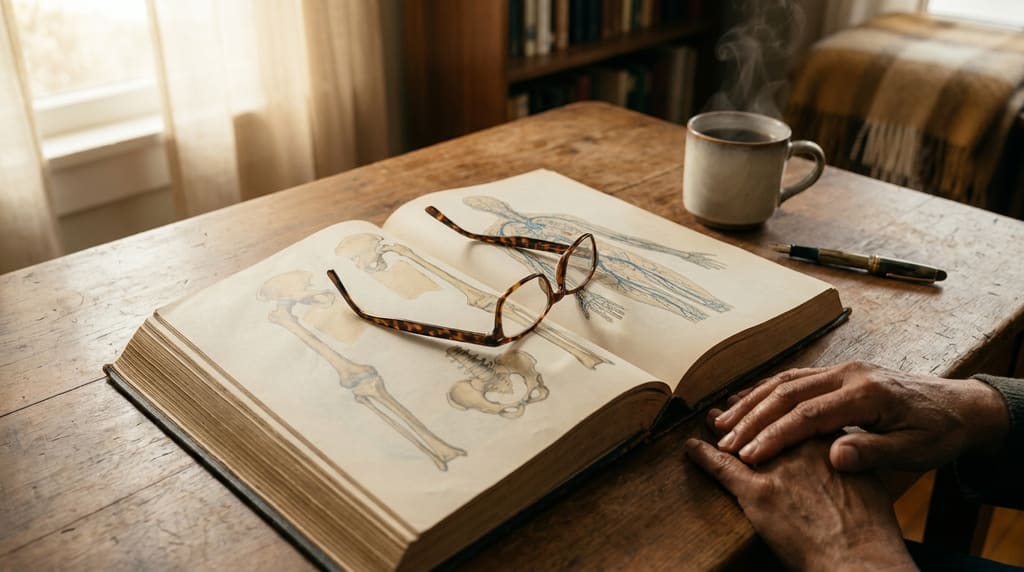 An open dermatology reference book on a sunlit desk with reading glasses, inviting exploration