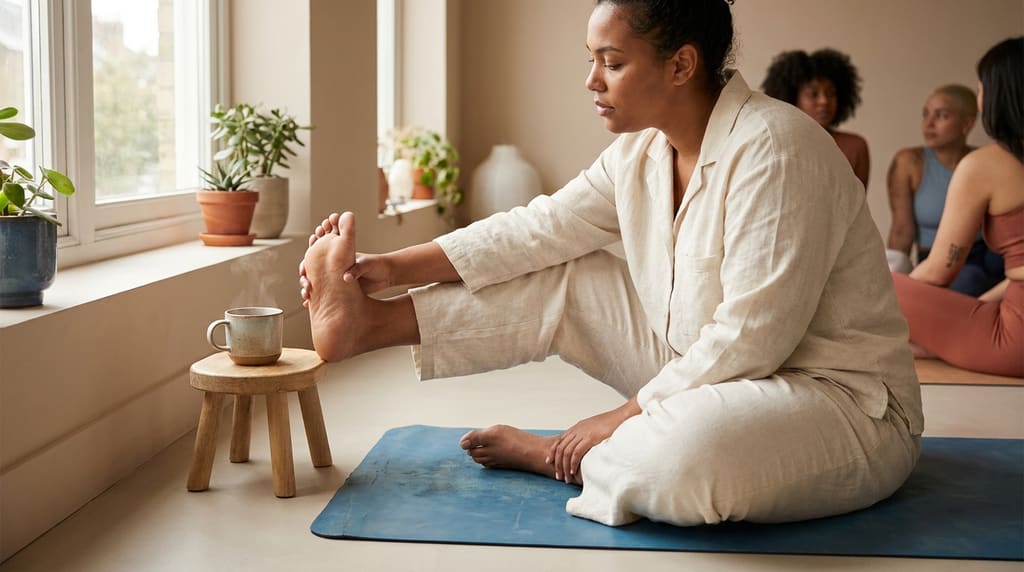 Person checking the sole of their foot while seated on a yoga mat in morning light
