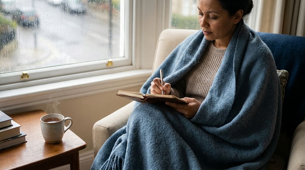 Woman journaling by a rainy window with warm tea, wrapped in a blanket