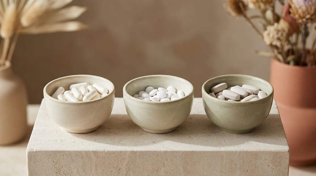 Three small bowls holding different white capsules and tablets on a pale stone surface