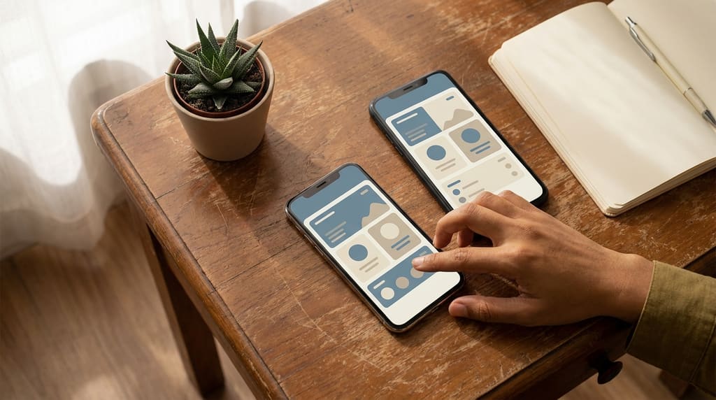 Two smartphones on a wooden table showing mole-tracking app dashboards