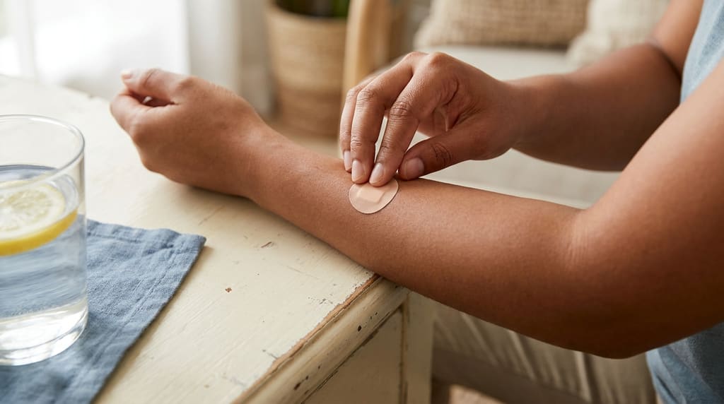 Hand gently placing a small bandage on a skin spot in calm daylight