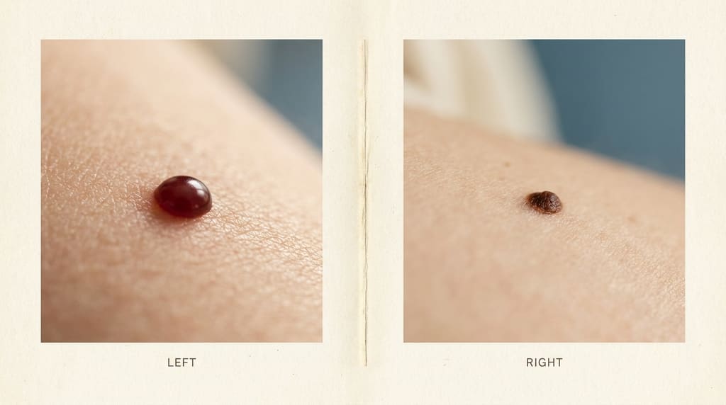 Macro diptych comparing a blood blister with a mole