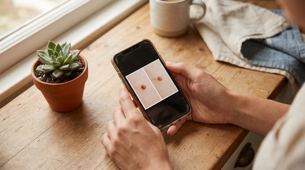 Person comparing two photos of a mole side by side on a phone