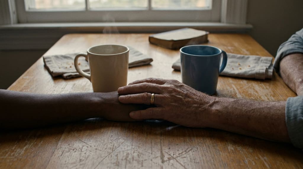 Partner reassuringly holding someone's hand on a kitchen table next to two mugs