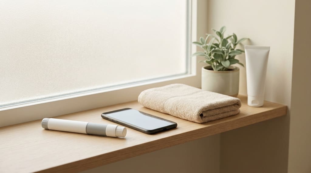 An unbranded medication pen injector beside a phone, a folded towel, a plant and a sunscreen tube on a bathroom shelf