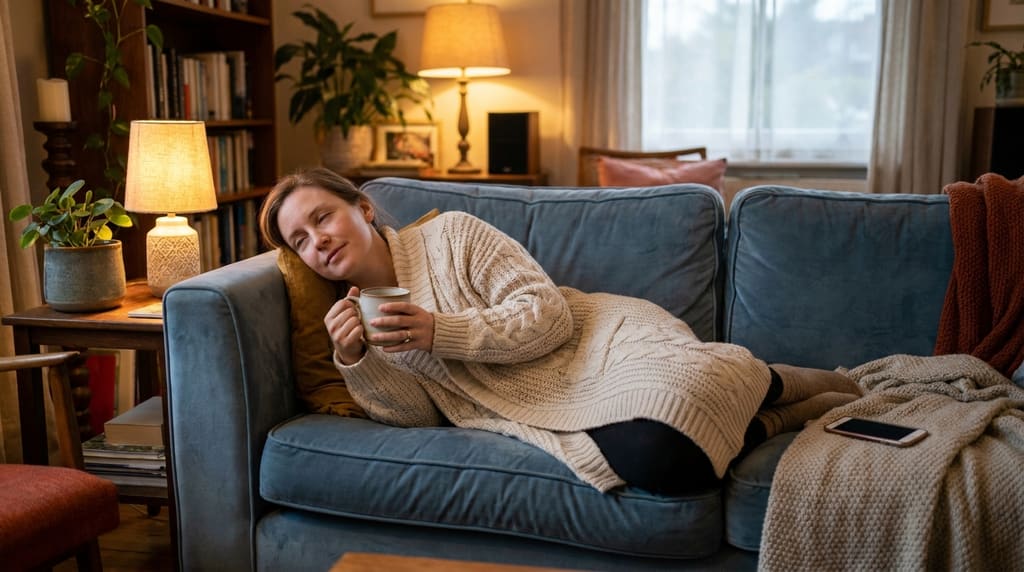 Person breathing calmly with a cup of tea, phone set aside face-down on a blanket