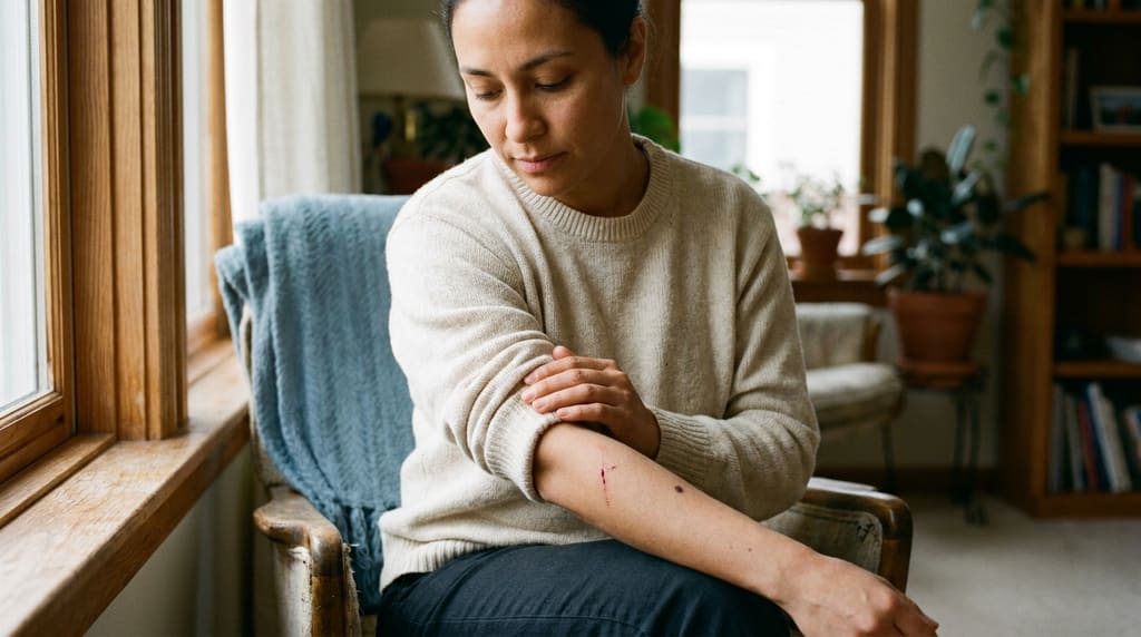 Person inspecting a small scrape near a mole on their forearm