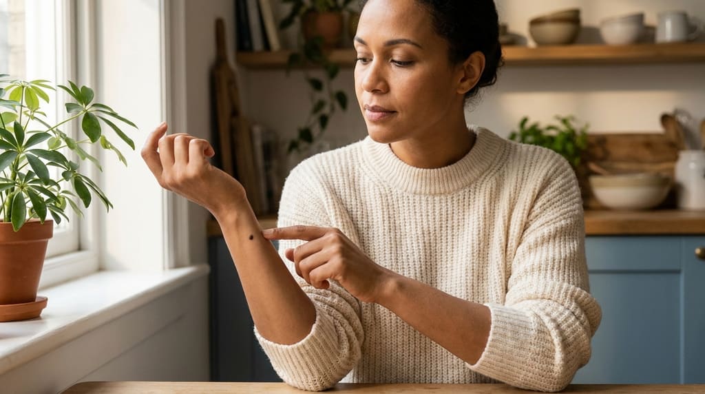 Person calmly examining a mole on their forearm in morning light