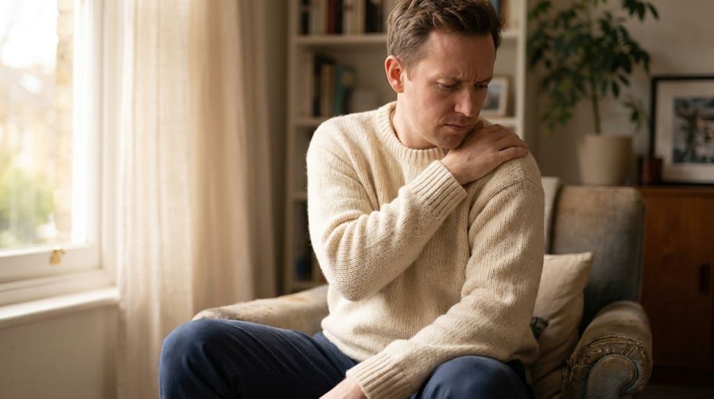 Person touching their shoulder, noticing a small itch