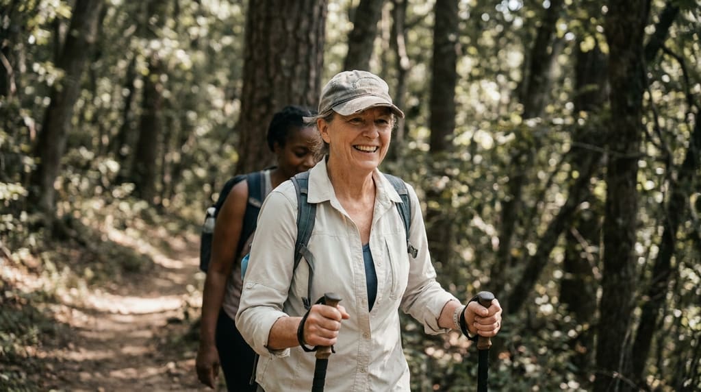 Hiker in a sun shirt and cap smiling on a forest trail in dappled shade
