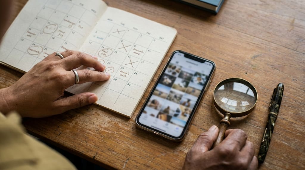 Calendar, phone and magnifying glass on a desk — tracking over time