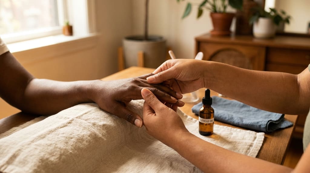 Close-up of hands during a gentle manicure moment, natural nails in soft light