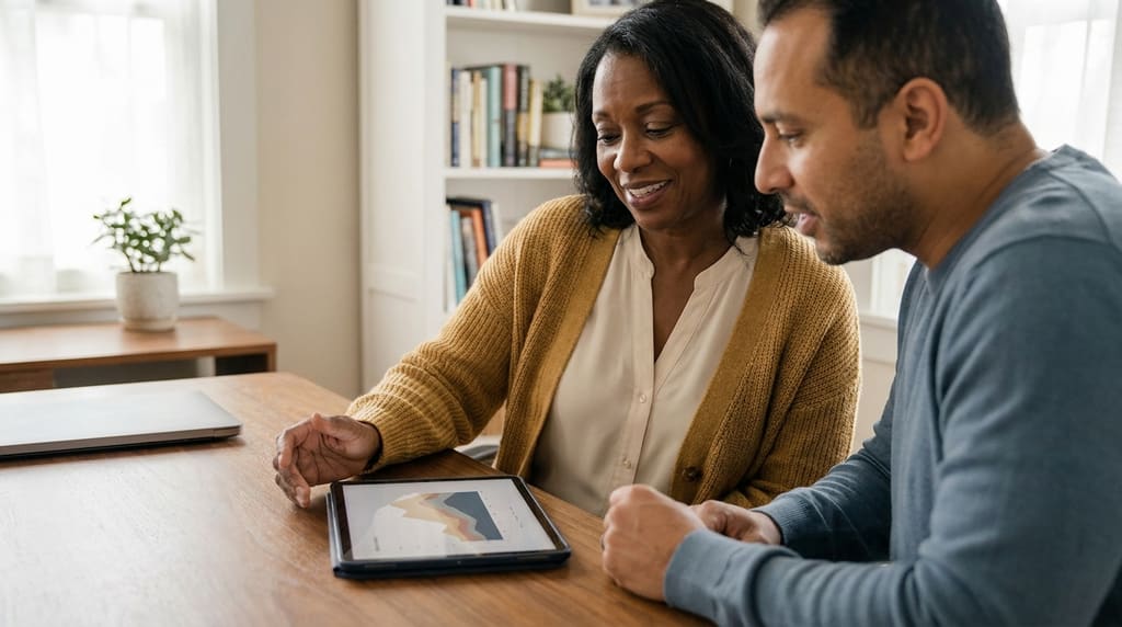 Dermatologist explaining a staging diagram on a tablet to a patient