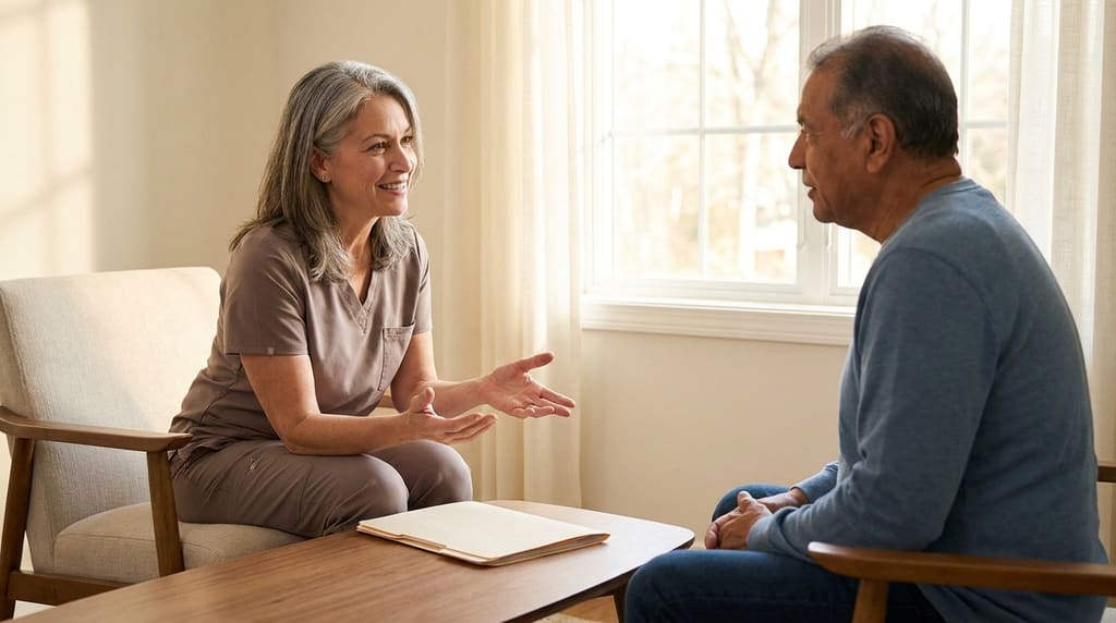 Surgeon in warm scrubs talking with a seated patient before a procedure, coffee table between
