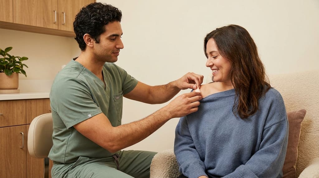 Nurse placing a small neat dressing on a patient's shoulder in a warm treatment room