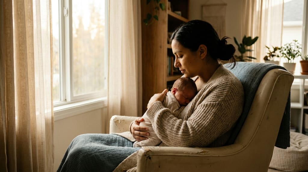 Mother holding her baby in soft afternoon light