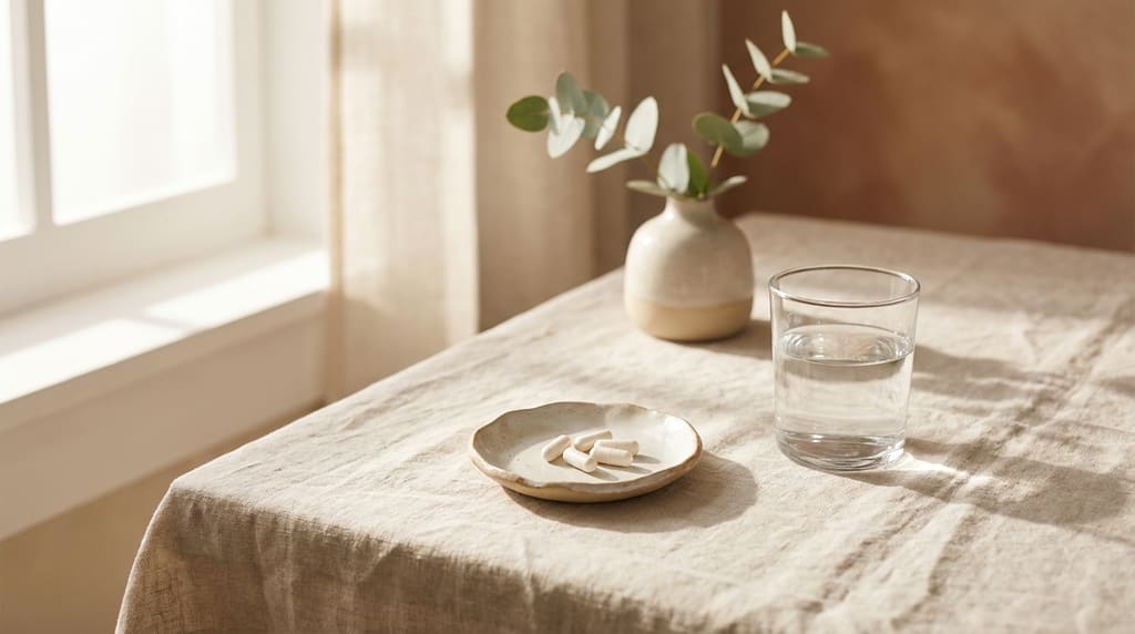 White capsules in a small ceramic dish beside a glass of water on a linen tablecloth in soft daylight