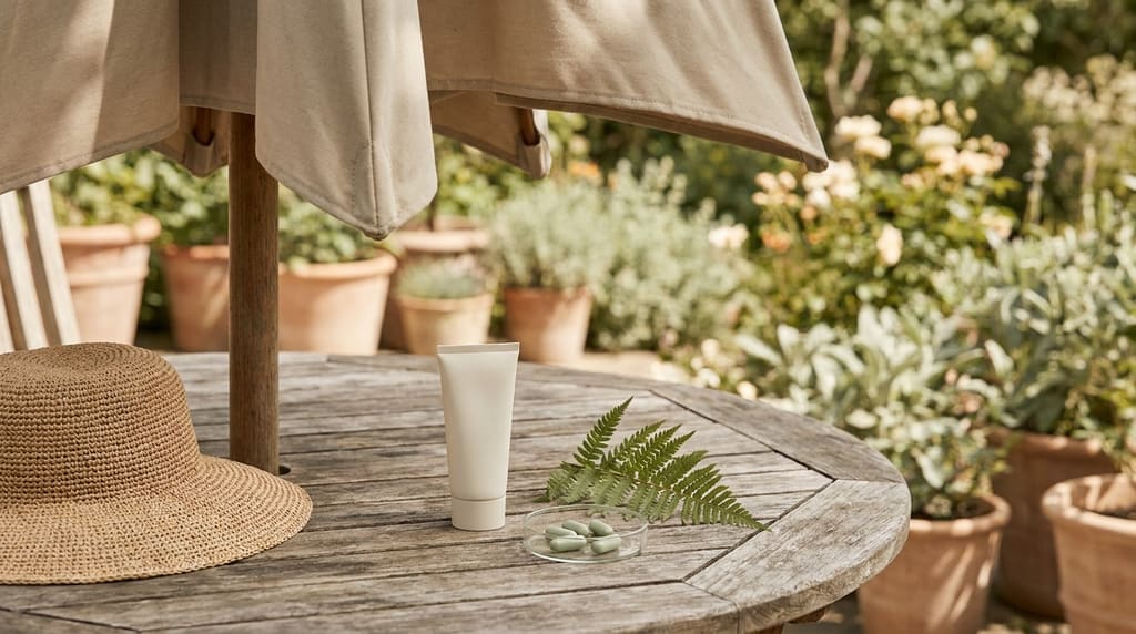 A few capsules next to an unlabeled sunscreen tube and a straw sun hat on a shaded wooden table