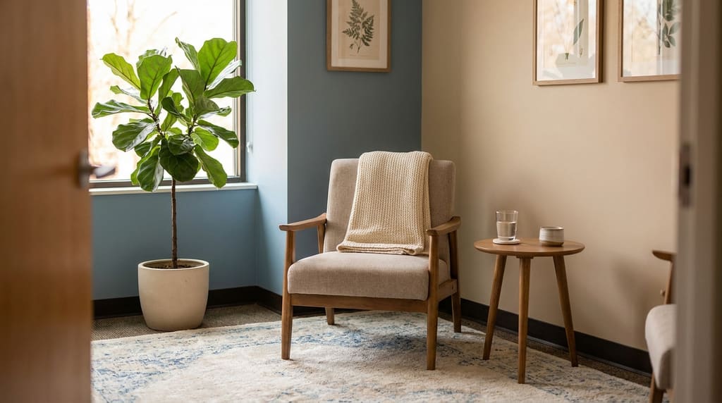 Calm warm dermatology exam room with soft light