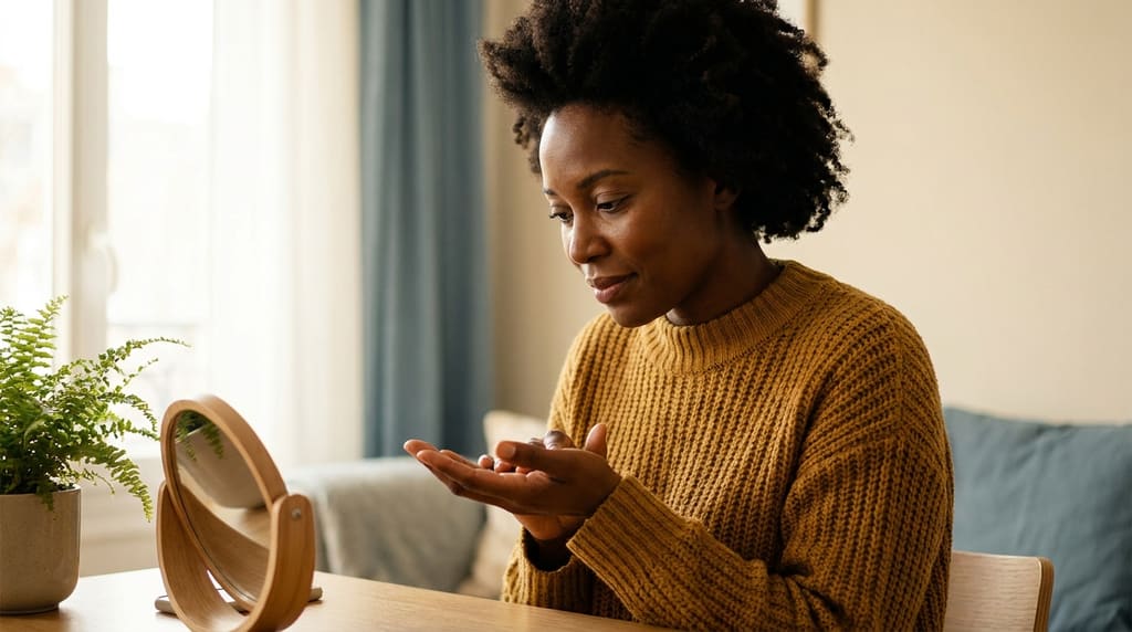 Woman with deep skin tone examining her palm in soft window light