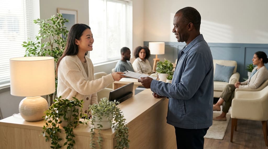 Receptionist warmly greeting a patient at a plant-filled clinic front desk