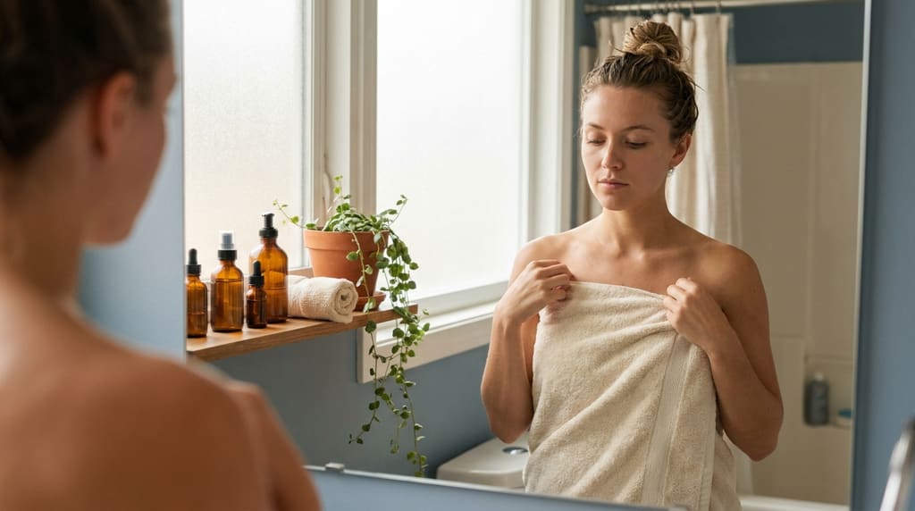 Woman in a towel checking her collarbone in a bright mirror after a shower