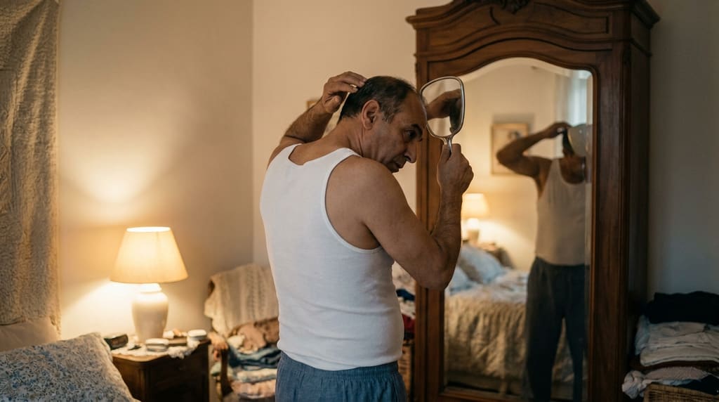 Man using a hand mirror to check his back in warm bedroom light