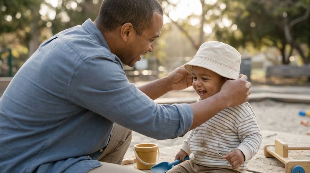 Parent fitting a bucket hat on a toddler at a sunny playground edge