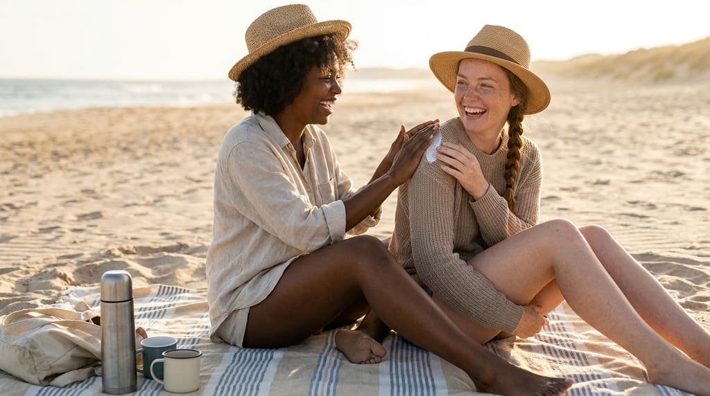 Friends applying sunscreen to each other's shoulders at a beach picnic in golden light